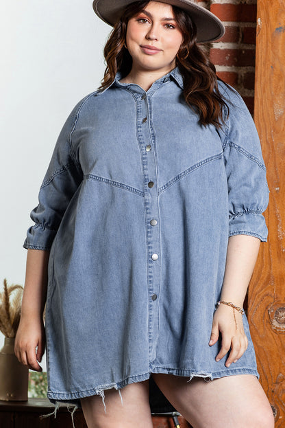 Light Blue Ruffled 3/4 Sleeve Buttoned Front Plus Size Denim Dress