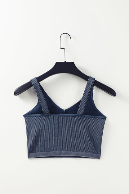 Carbon Grey Mineral Wash V-Neck Ribbed Crop Top