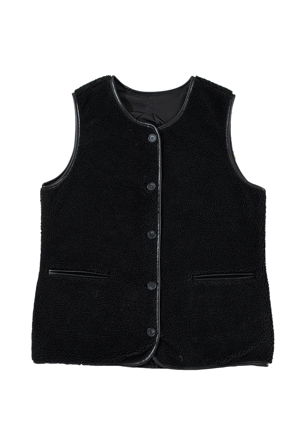 Black Leather Contrast Side Pockets Buttoned Fleece Vest