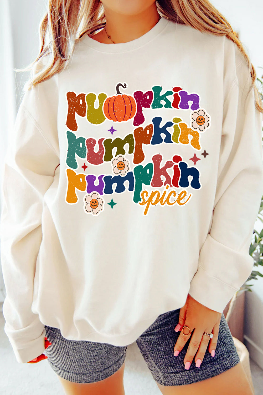 Beige Cute Pumpkin Spice Graphic Thanksgiving Sweatshirt Beige 50%Polyester+50%Cotton