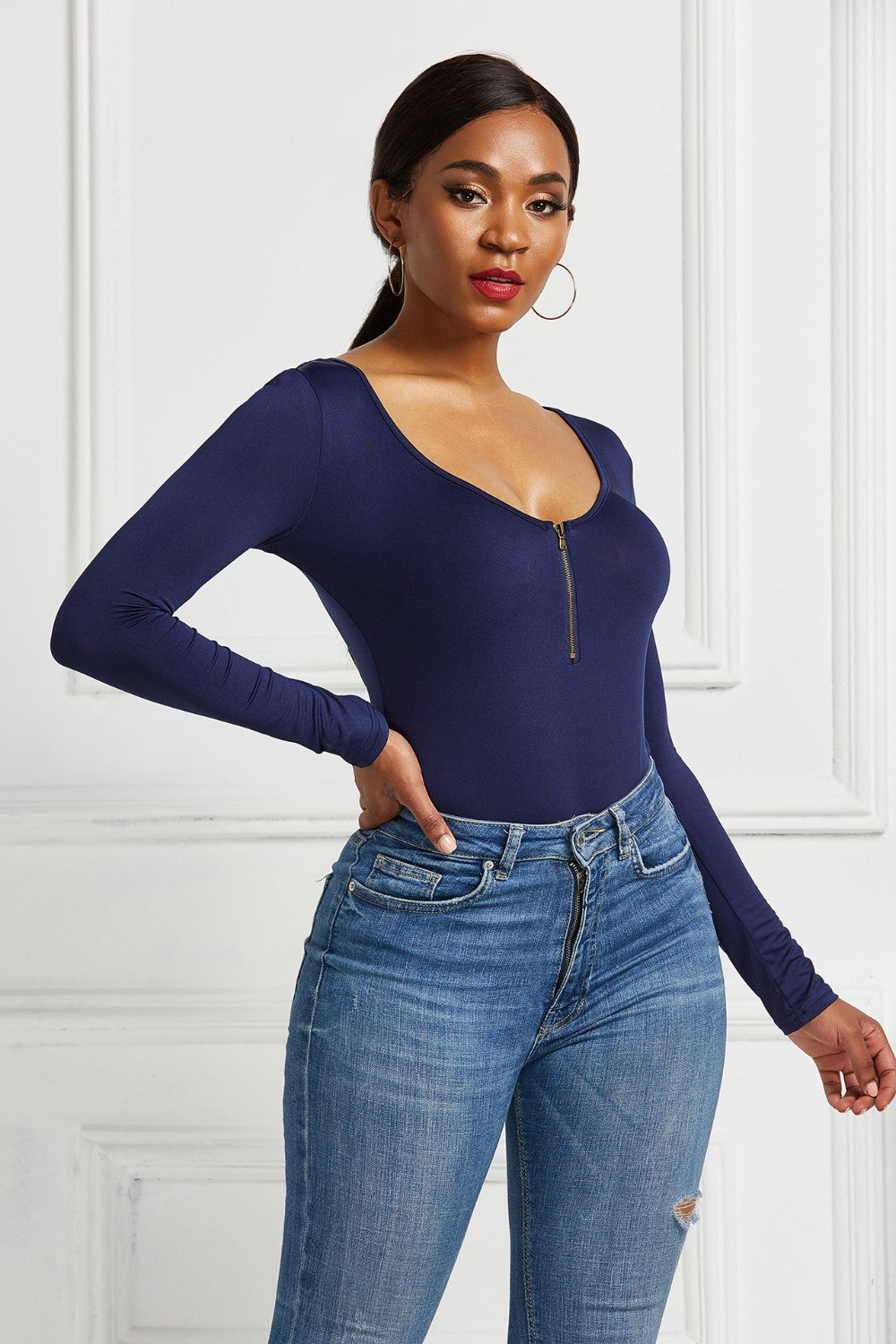 Half Zip Scoop Neck Long Sleeve Bodysuit - Thandynie