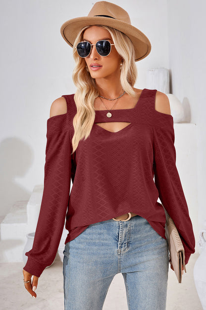 Cutout Square Neck Cold Shoulder T-Shirt Burgundy