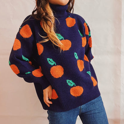 Fruit Pattern Turtleneck Dropped Sweater Navy