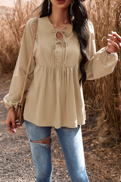 Tied Decorative Button Balloon Sleeve Blouse