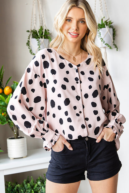 Printed Button Up Flounce Sleeve Shirt Beige