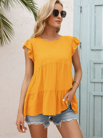 Round Neck Flutter Sleeve Tiered Blouse Tangerine