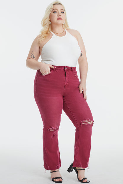 BAYEAS Full Size High Waist Distressed Raw Hem Flare Jeans WINE