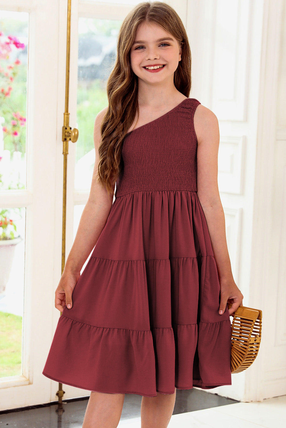 One-Shoulder Sleeveless Tiered Dress Burnt Umber