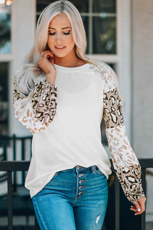 Leopard Round Neck Dropped Shoulder T-Shirt White