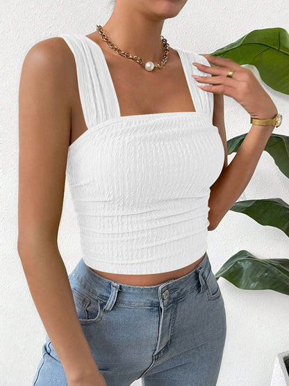 Textured Square Neck Wide Strap Tank White