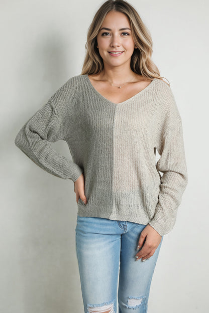 Contrast Color V-Neck Long Sleeve Pullover Sweater Cloudy Blue