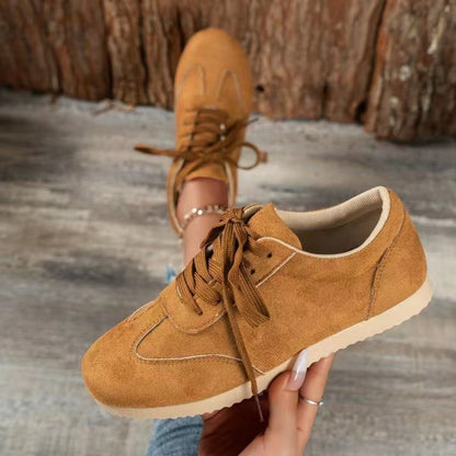 Suede Lace-Up Flat Sneakers Caramel