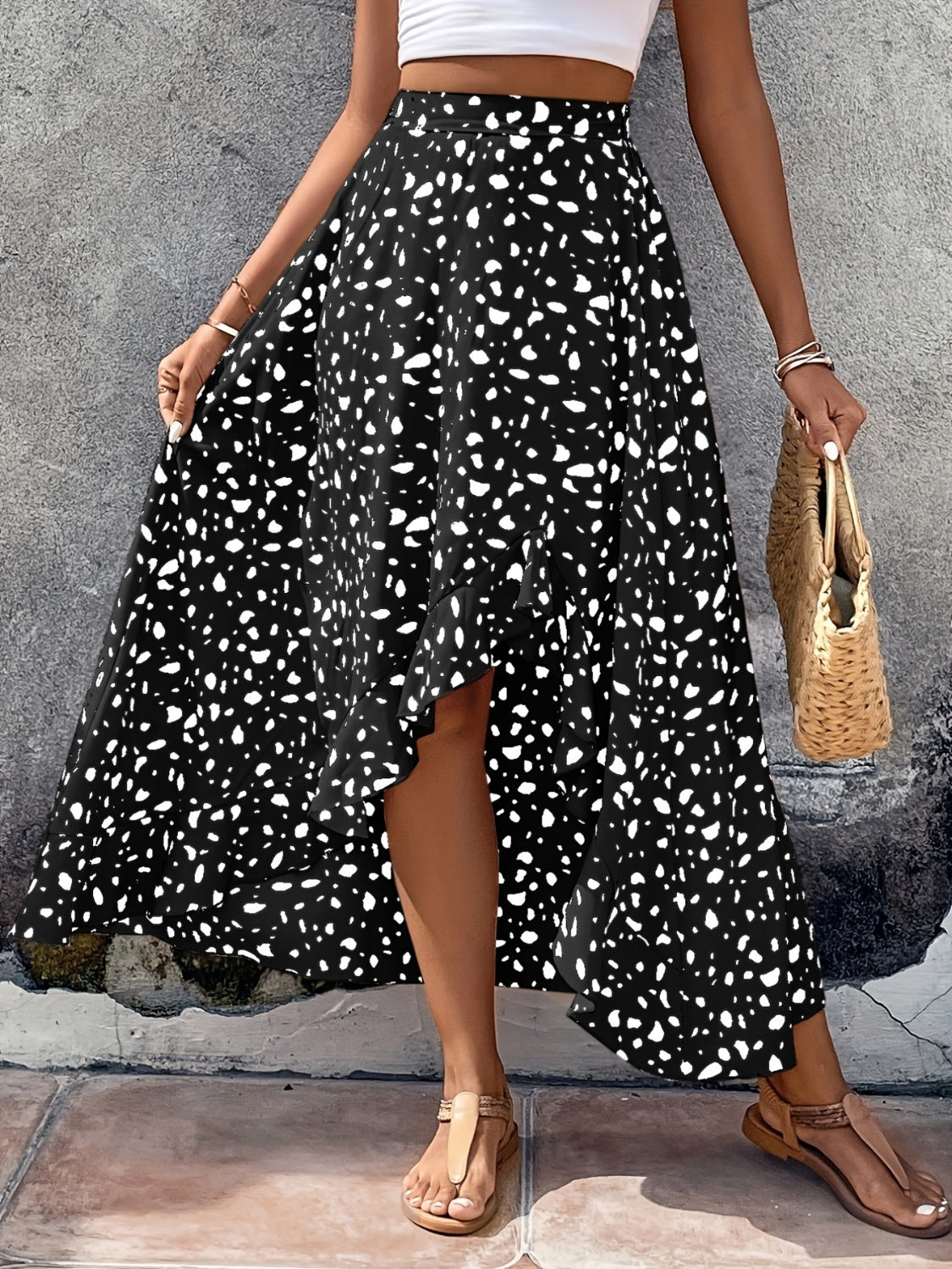 High-Low Printed Skirt Black