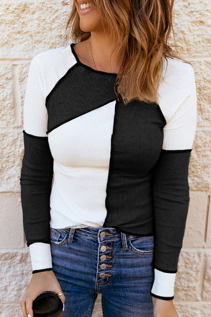 Color Block Round Neck Long Sleeve T-Shirt White