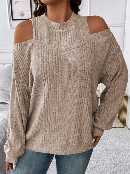 Round Neck Cold Shoulder Sweater Mocha