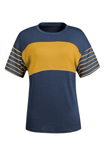 Striped Round Neck Short Sleeve T-Shirt Dark Navy