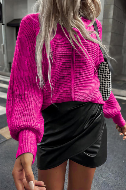 Horizontal Ribbing Round Neck Sweater Deep Rose