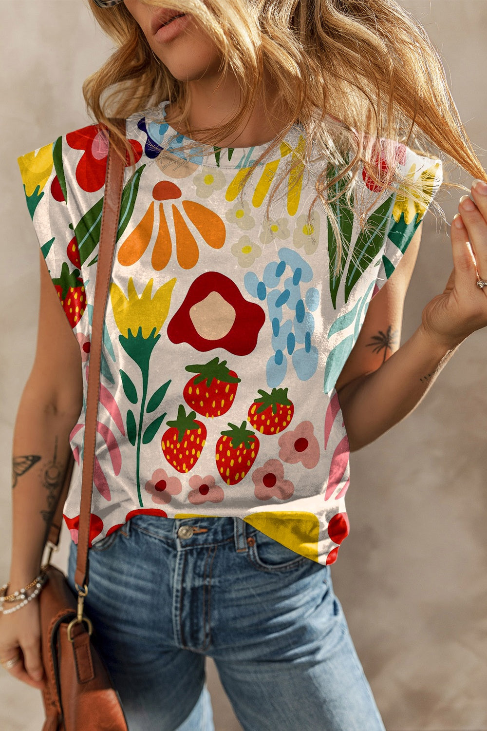 Printed Round Neck Cap Sleeve T-Shirt Floral