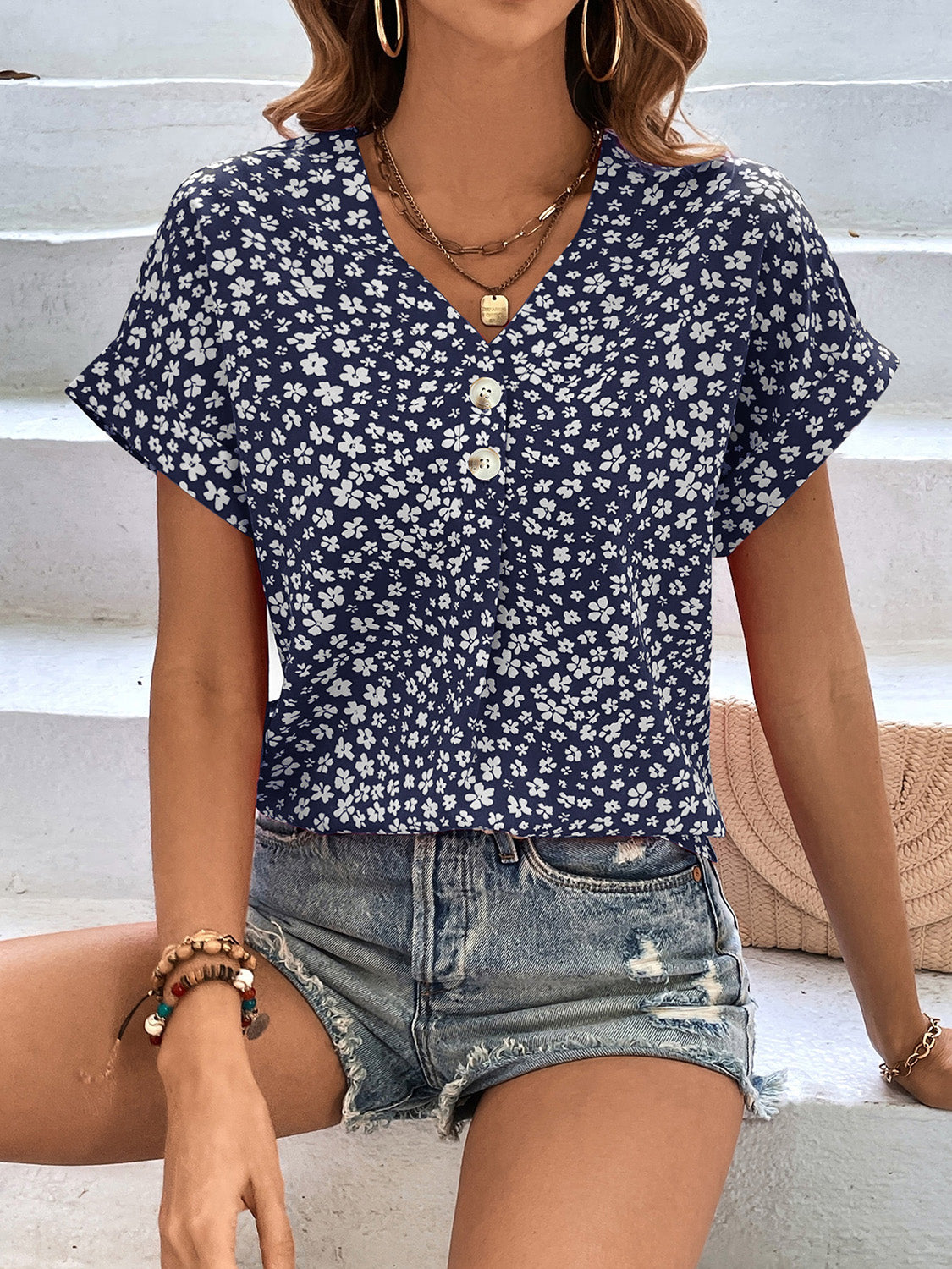 Printed V-Neck Short Sleeve Blouse