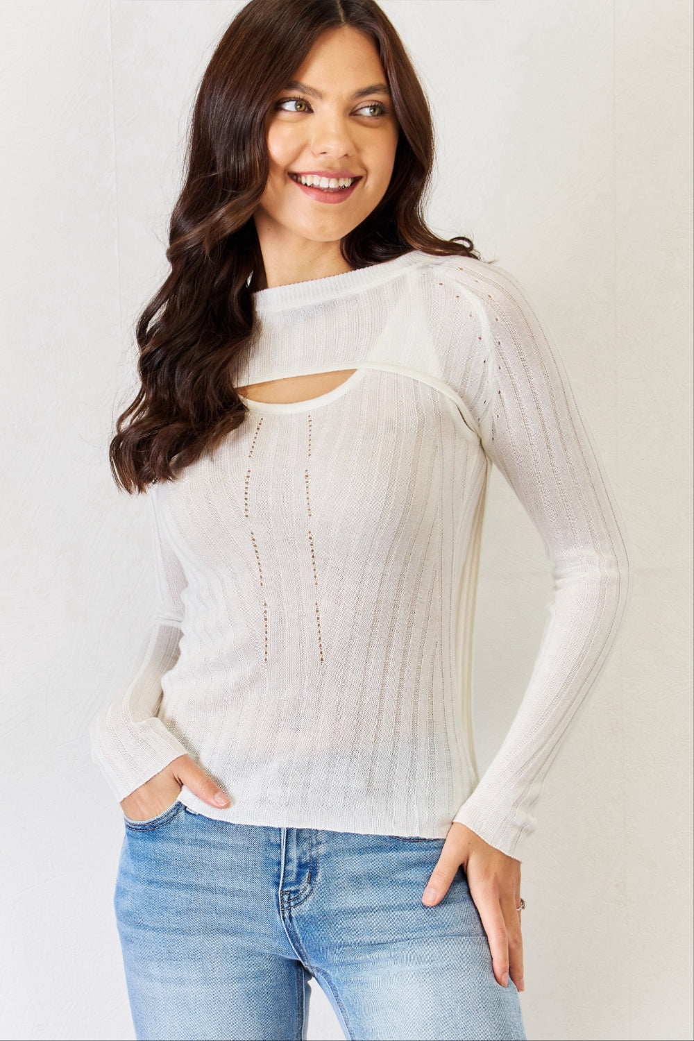 J.NNA Fitted Long Sleeve Cutout Top Cream