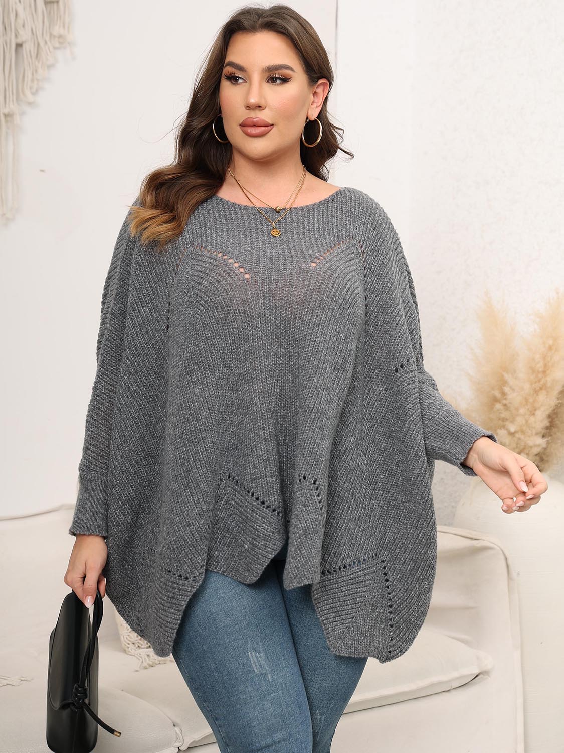 Plus Size Round Neck Batwing Sleeve Sweater Heather Gray