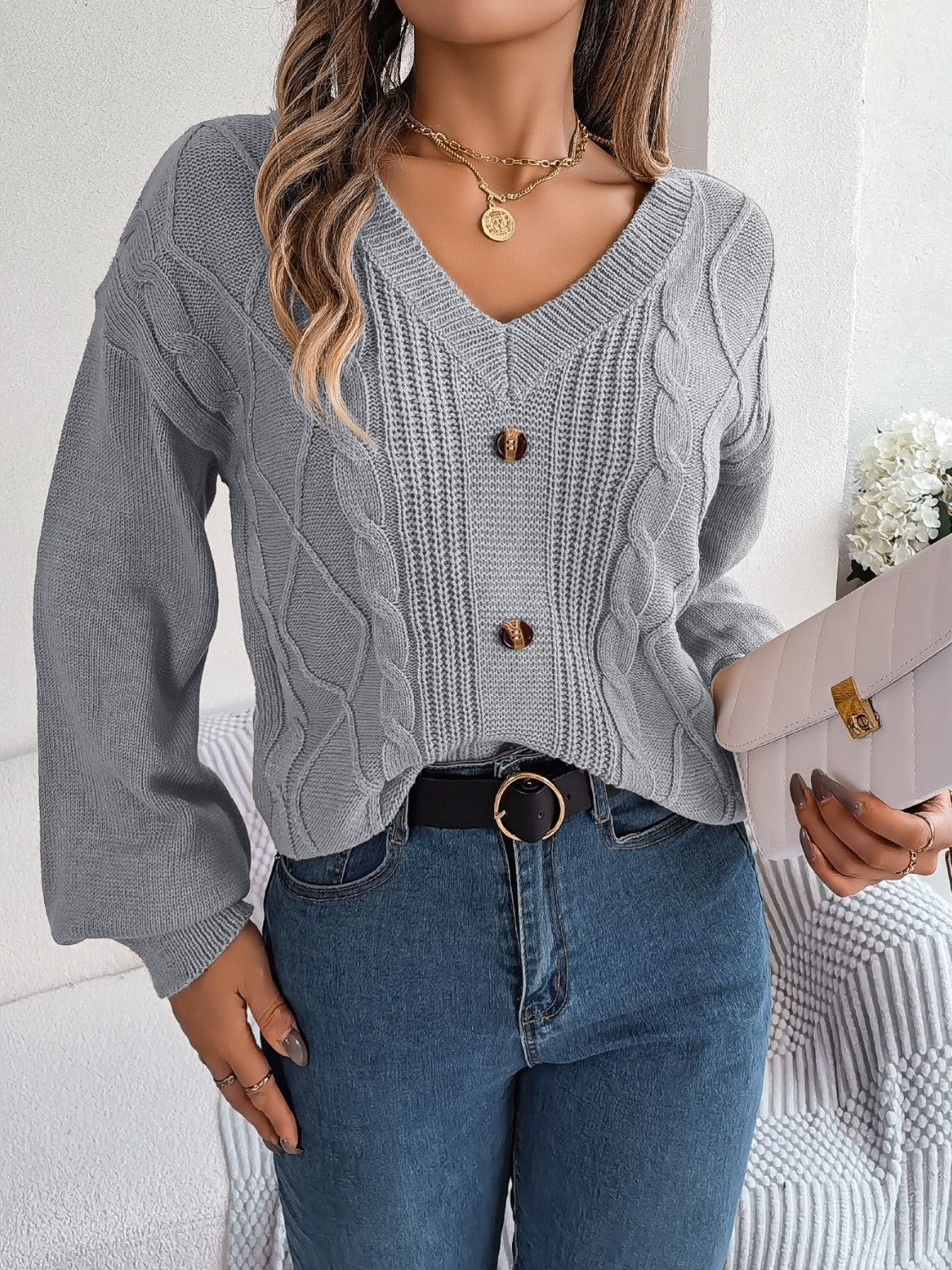 Cable-Knit Buttoned V-Neck Sweater Charcoal