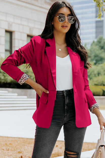 Leopard Lining One-Button Lapel Collar Blazer Rose