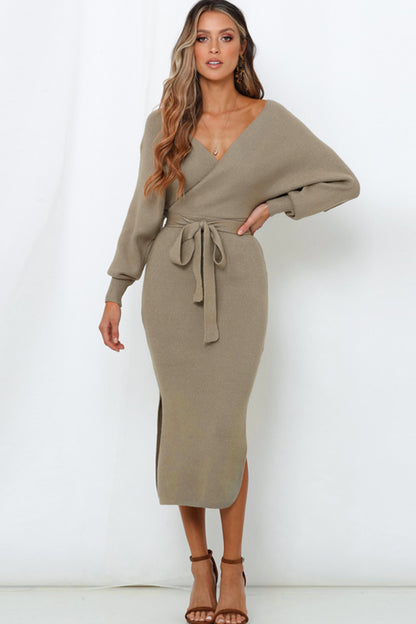 Surplice Neck Bow Waist Slit Sweater Dress Khaki