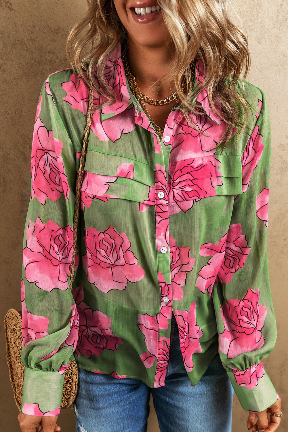 Flower Collared Neck Long Sleeve Shirt Matcha Green