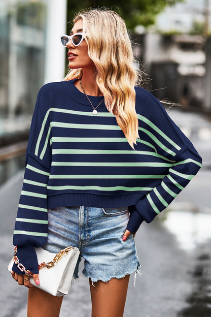 Striped Round Neck Drop Shoulder Slit Sweater Dark Blue