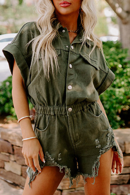 Moss Green Distressed Frayed Denim Romper Moss Green 98%Cotton+2%Elastane