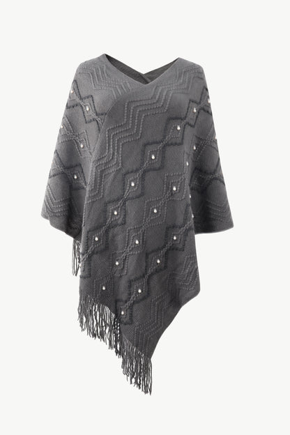 Pearl Trim V-Neck Fringe Hem Poncho Charcoal One Size