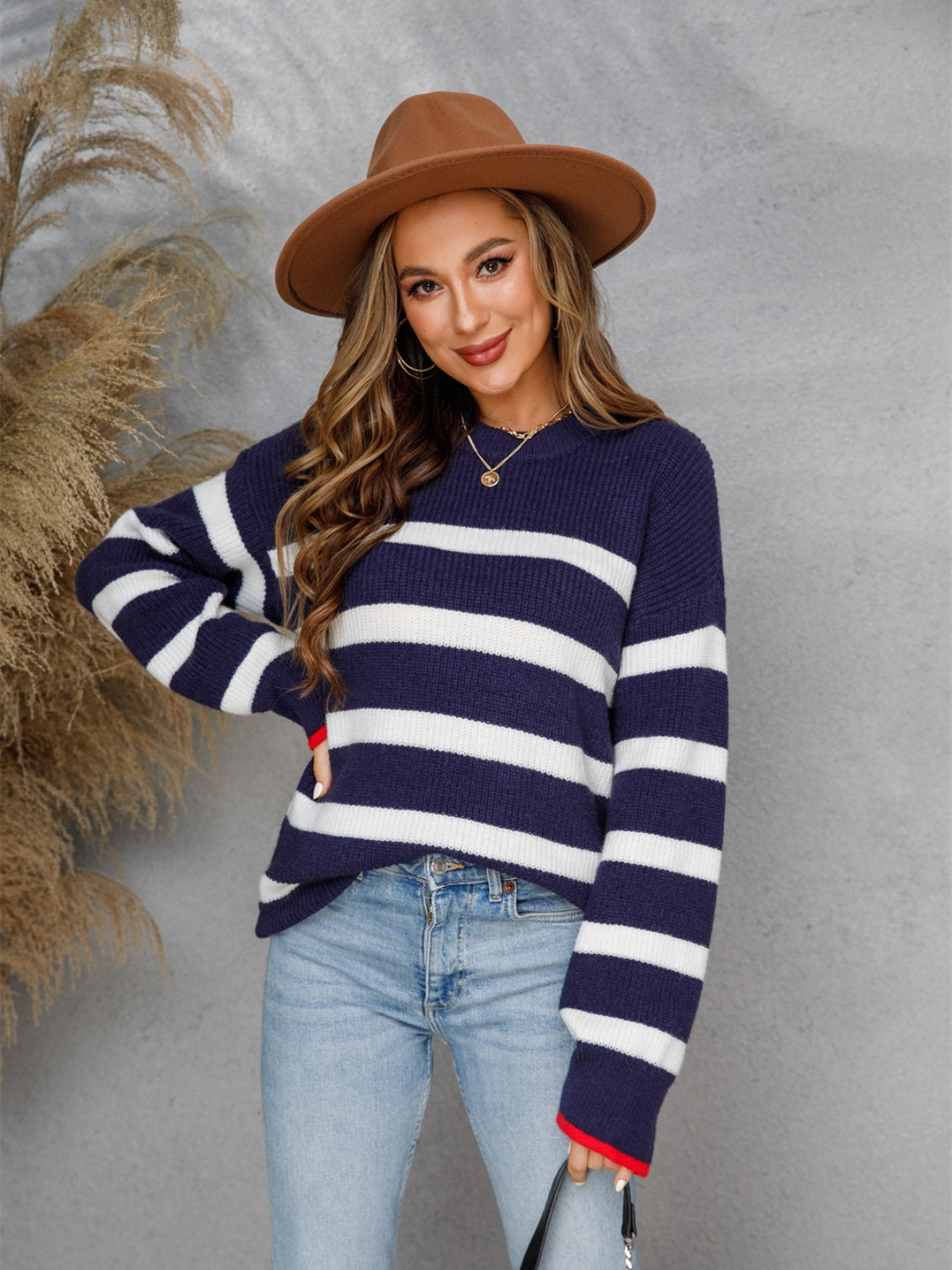 Striped Round Neck Dropped Shoulder Sweater Navy