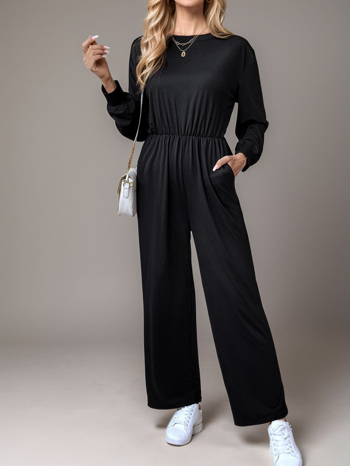 Tied Round Neck Wide Leg Jumpsuit Black