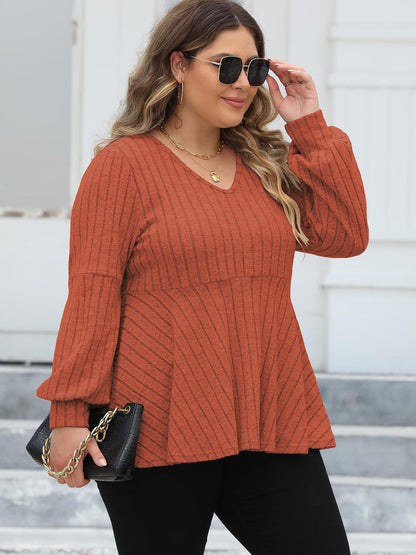 Plus Size Ribbed V-Neck Long Sleeve Blouse