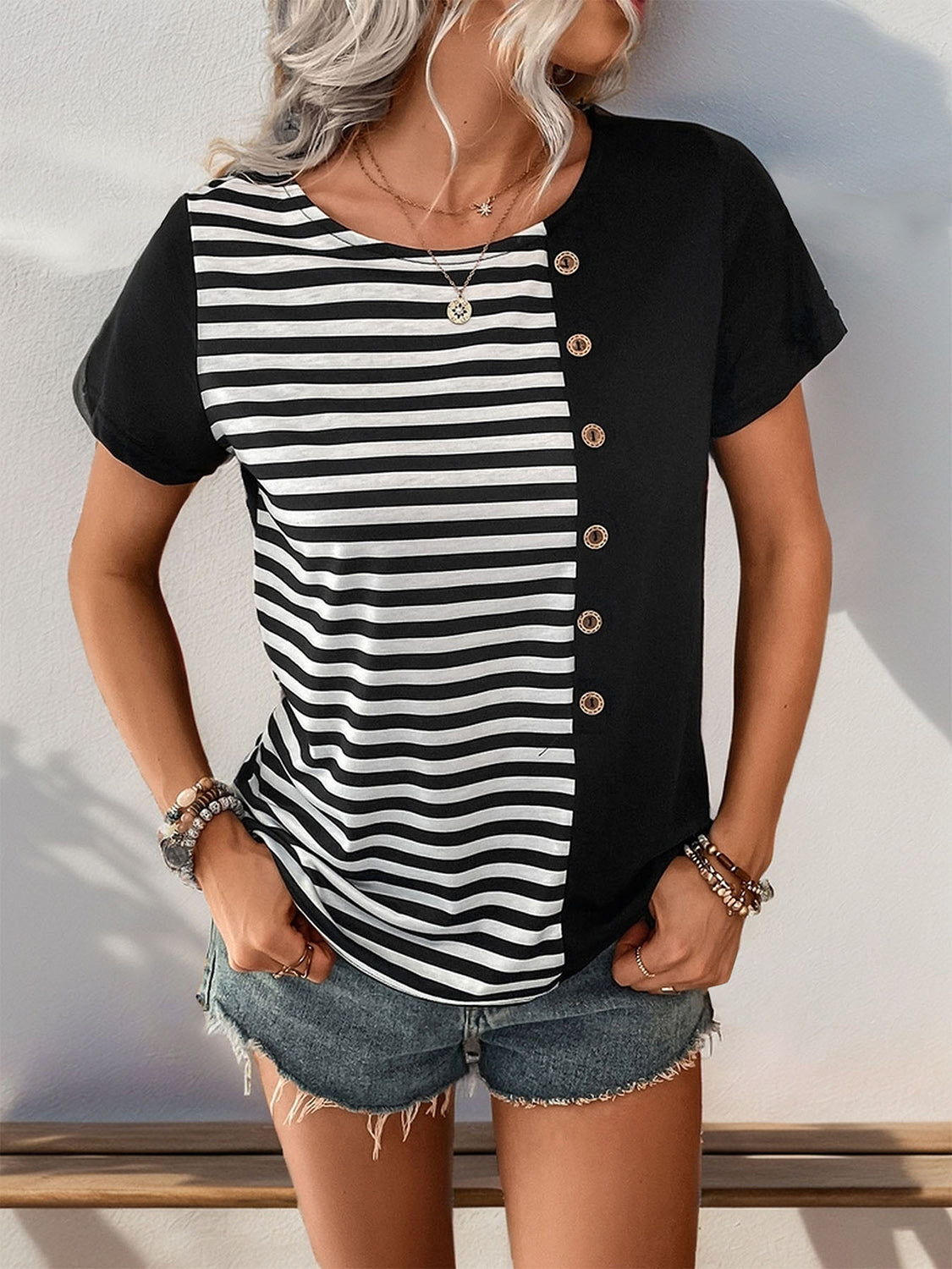 Striped Round Neck Short Sleeve T-Shirt Black