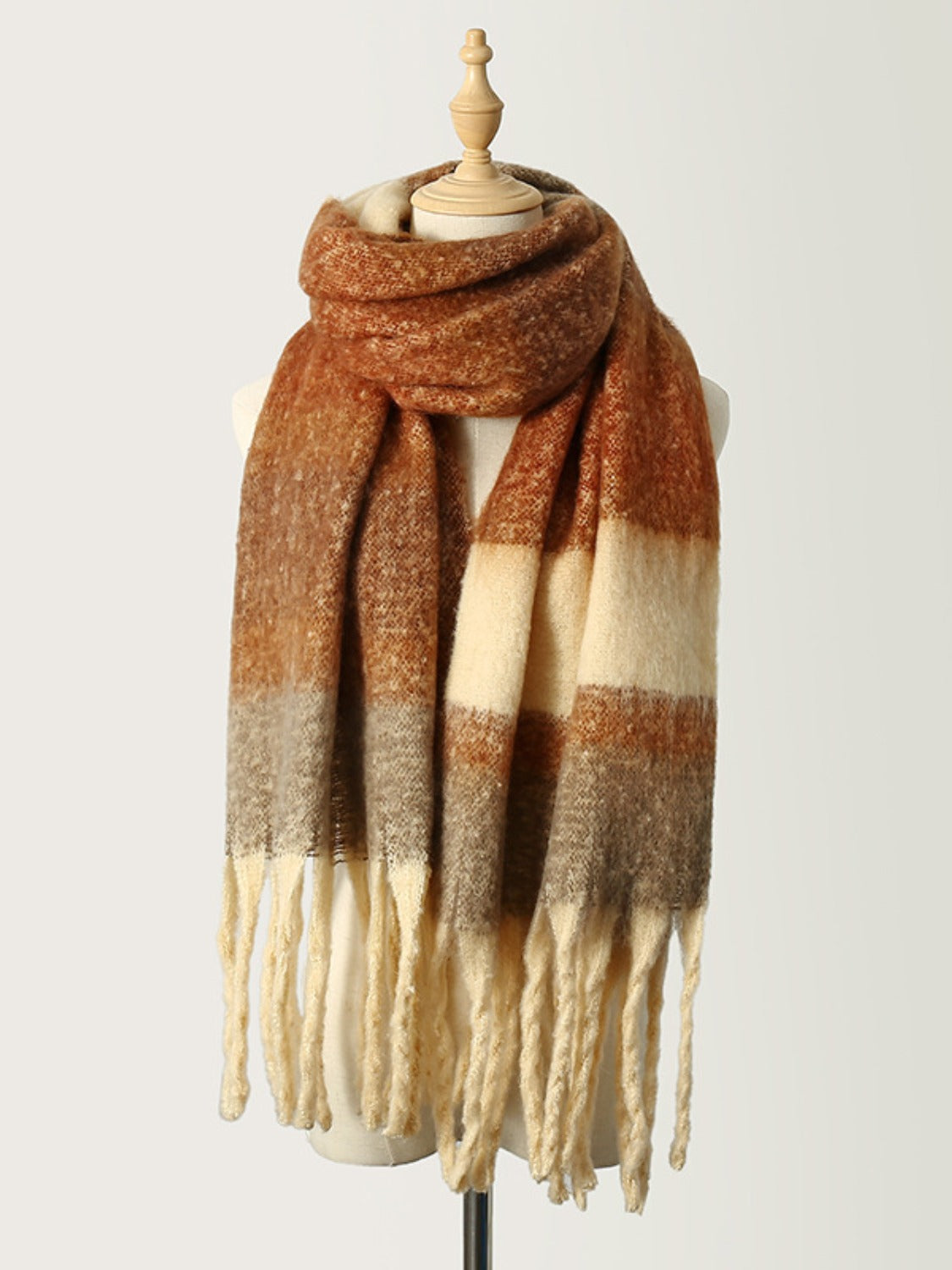 Fringe Color Block Polyester Scarf Caramel One Size