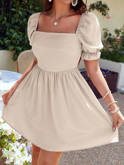 Square Neck Flounce Sleeve Mini Dress Tan