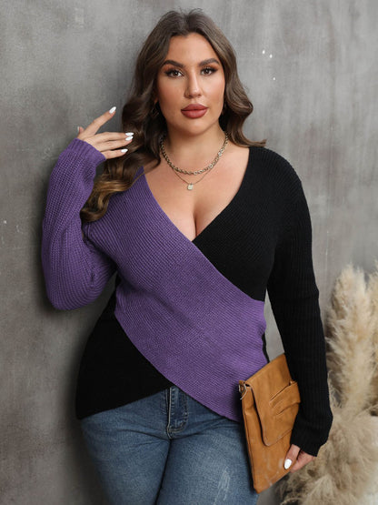 Plus Size Two-Tone Surplice Neck Sweater Violet