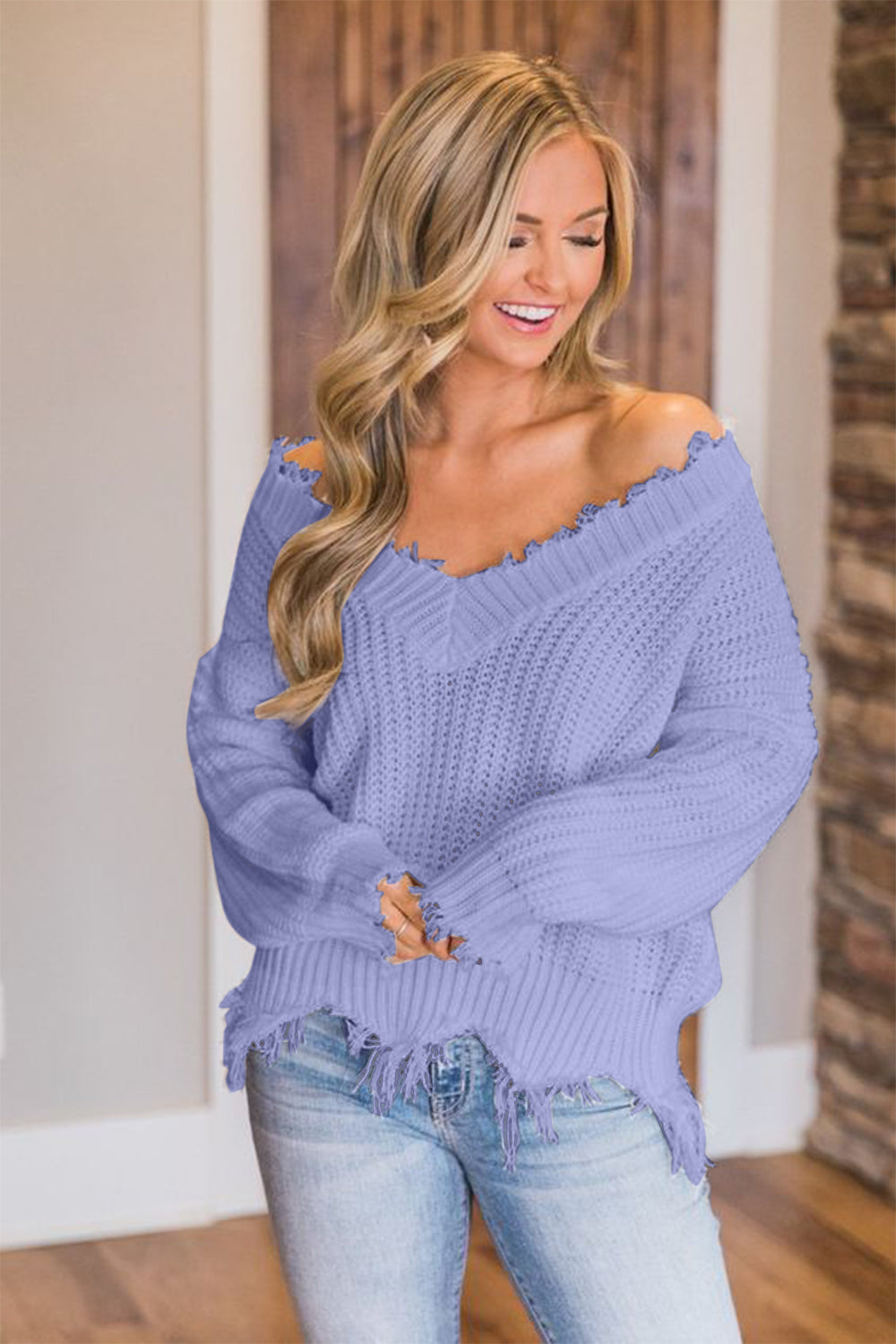 Frayed Hem Dropped Shoulder Sweater Lavender