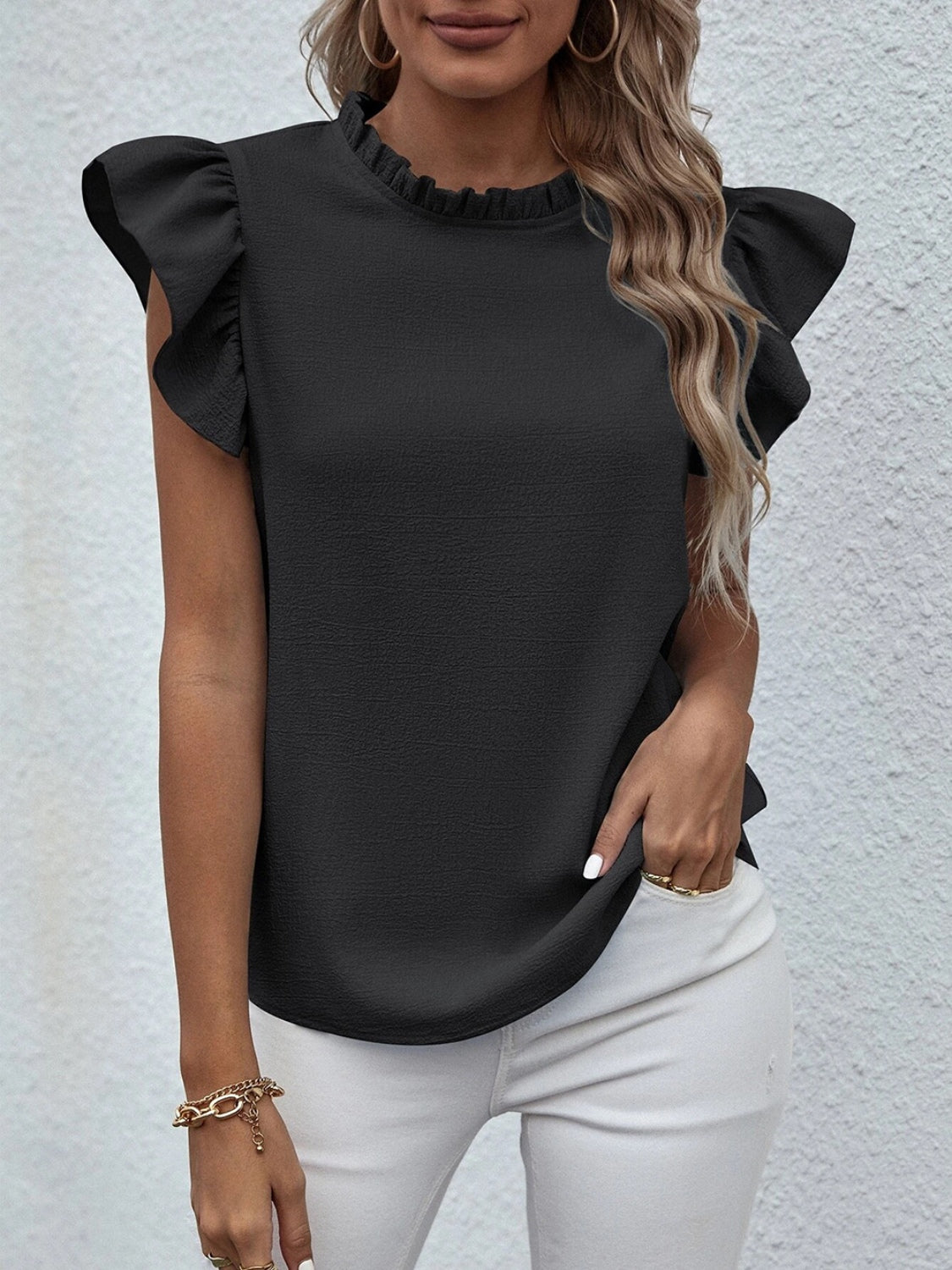 Mock Neck Ruffled Cap Sleeve Blouse Black