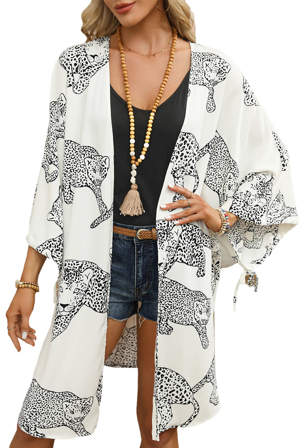 White Cheetah Print Loose Fit Open Front Kimono