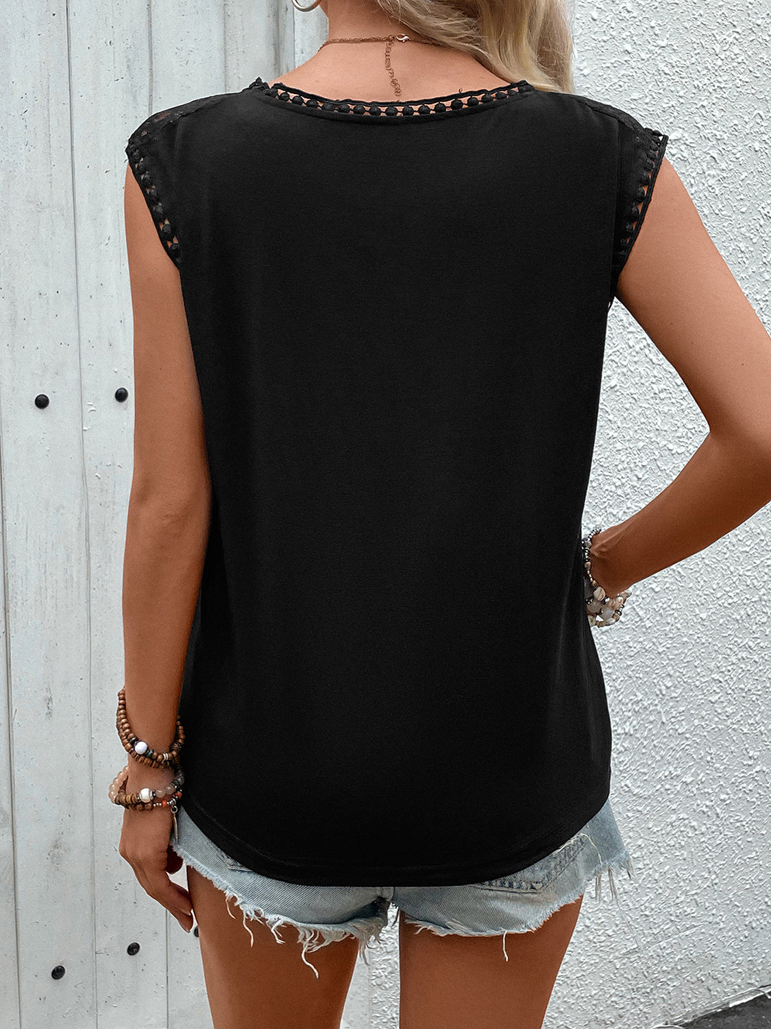 Lace Round Neck Cap Sleeve T-Shirt - Thandynie