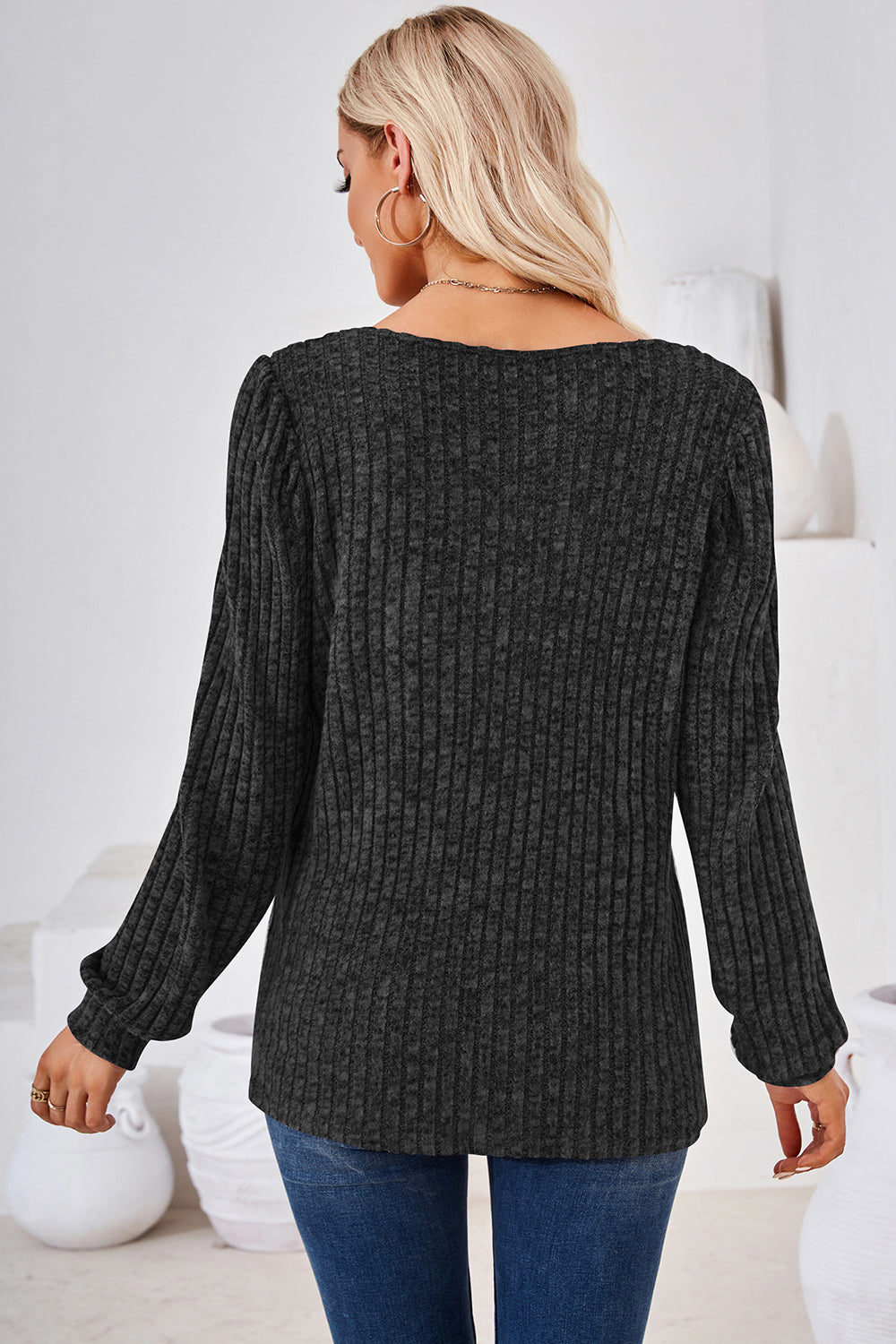 Ribbed Square Neck Long Sleeve T-Shirt