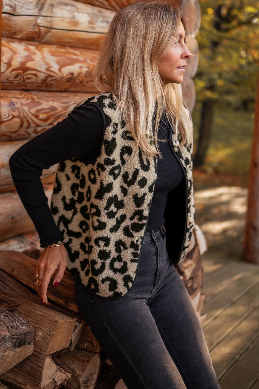 Black Leopard Print Sherpa Vest Coat