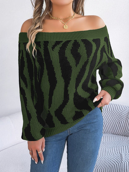 Off-Shoulder Animal Print Long Sleeve Sweater Army Green