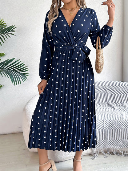 Tied Polka Dot Long Sleeve Midi Dress Navy