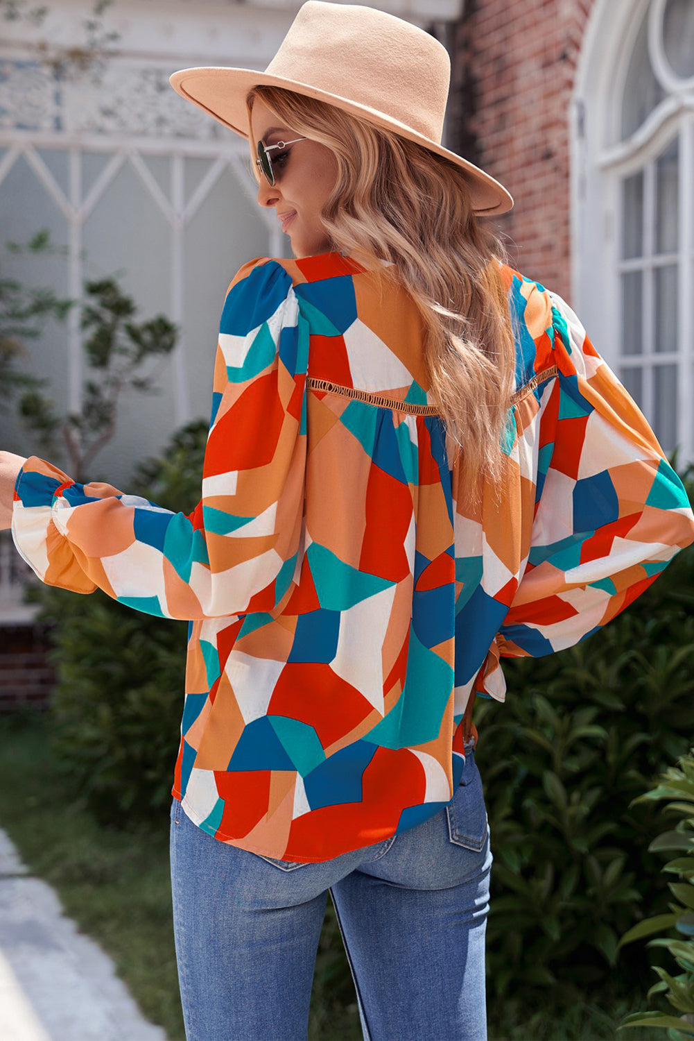 Abstract Pattern Crewneck Ruffled Puff Sleeve Blouse