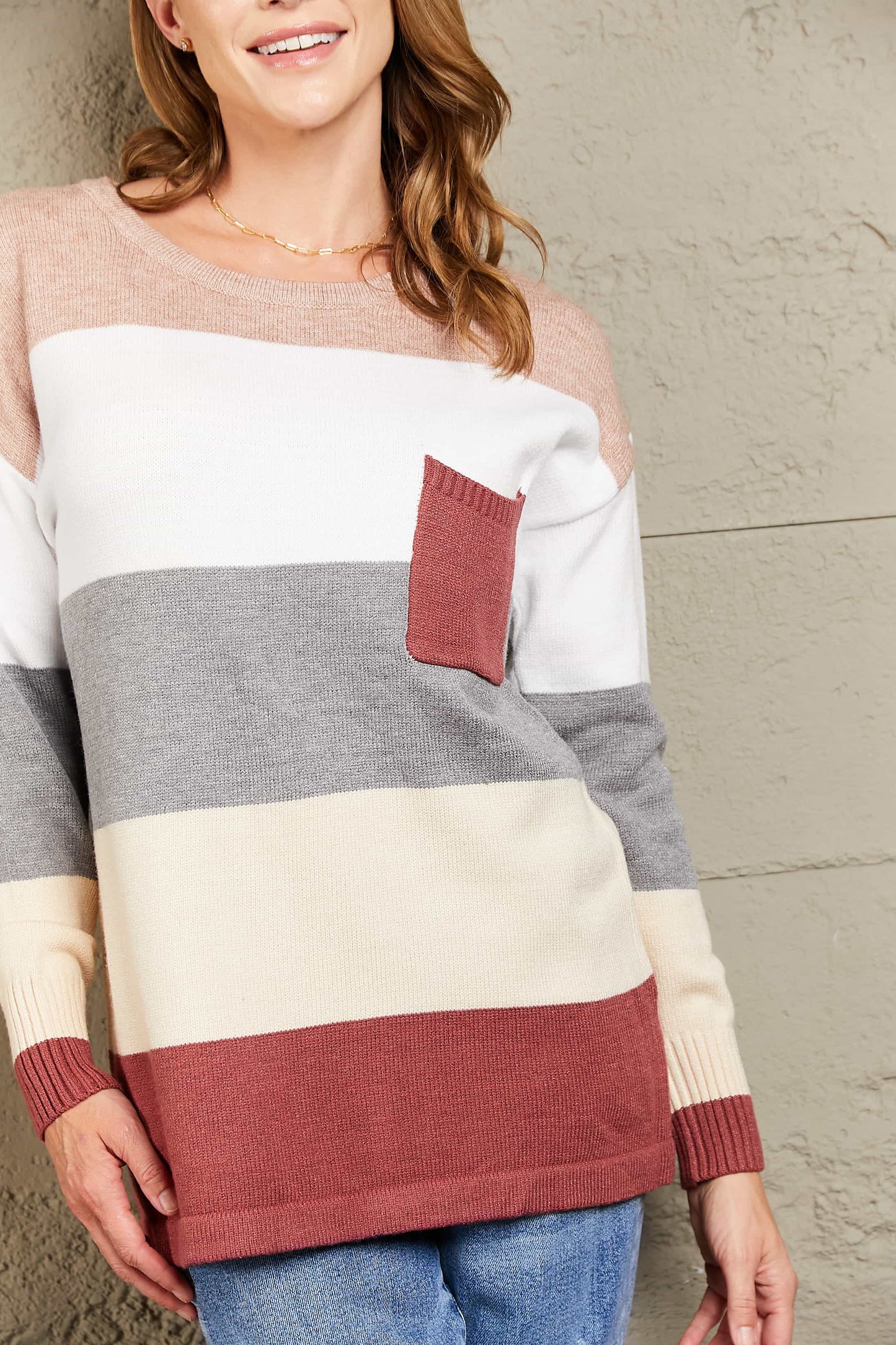 Woven Right Color Block Drop Shoulder Round Neck Sweater