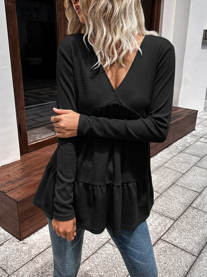 Waffle-Knit V-Neck Long Sleeve Blouse Black